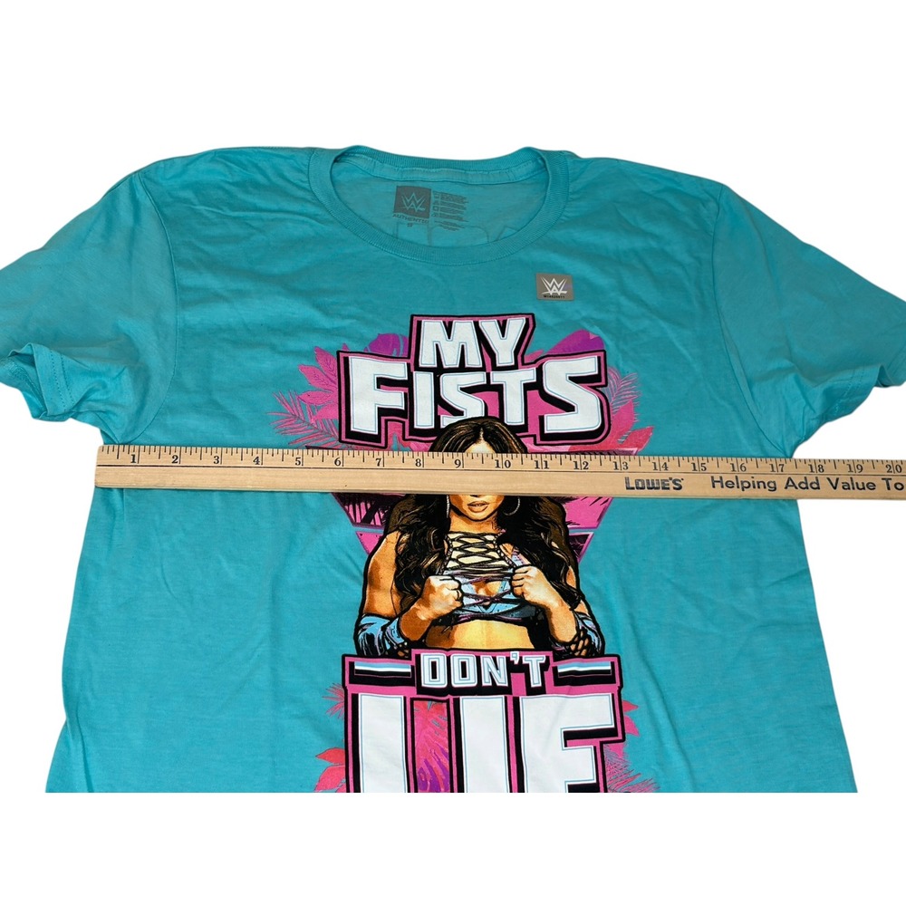 WWE Lola Vice NXT Tshirt My Fists Don't Lie Size Small Wrestling Divas Teal NEW - Picture 4 of 4